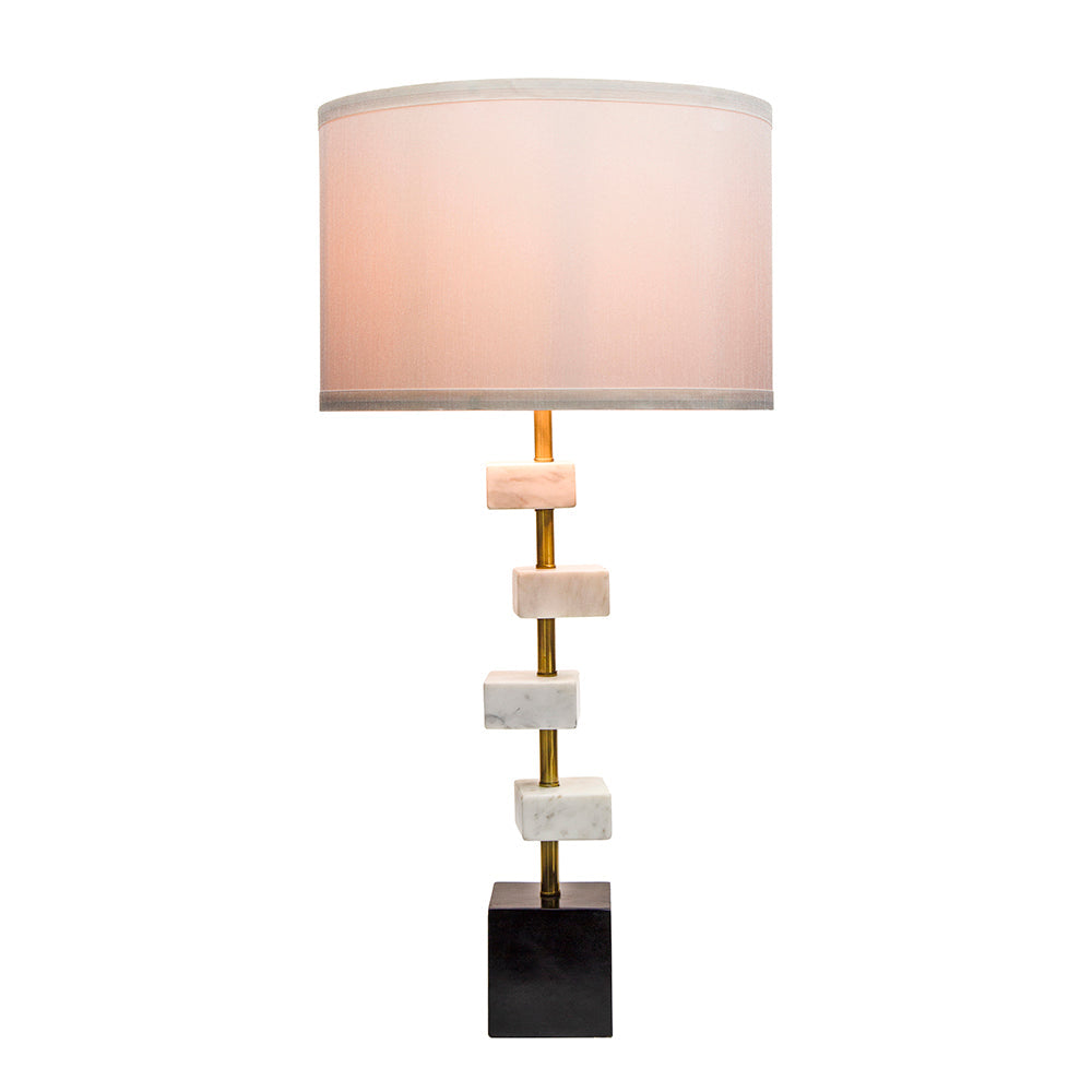 White Marble Table Lamp with Brass Frame and Fabric Shade - 15" W x 30" H