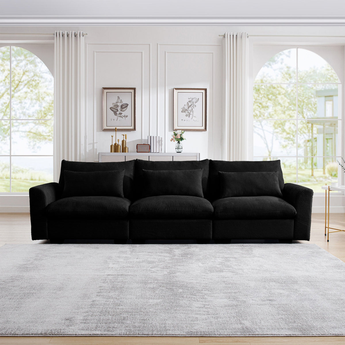 3 Seater Deep Seat Couch for Living Room with Corduroy Upholstery - Black, Beige, or Green