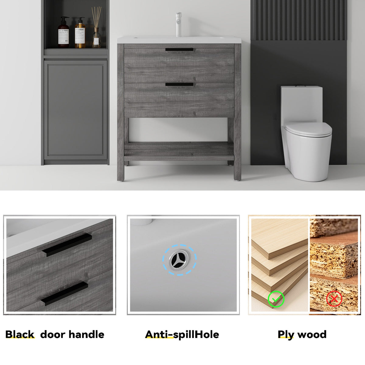 36 Inch Freestanding Bathroom Vanity with Ceramic Sink and Soft-Close Drawer - Grey