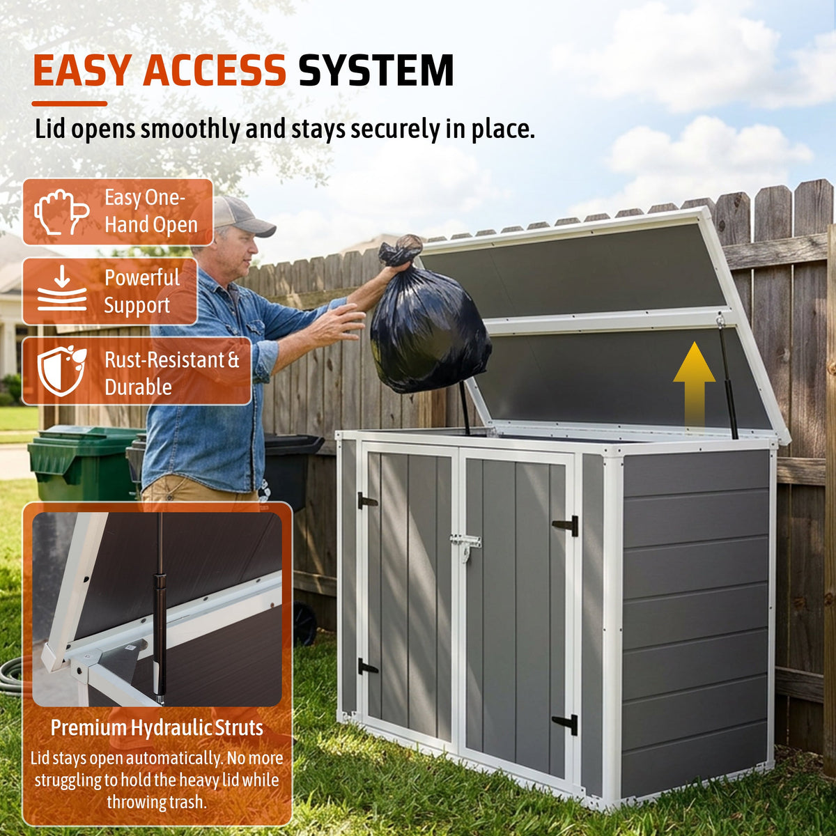 Horizontal Outdoor Storage Shed with Hydraulic Lid and Ramp - Resin