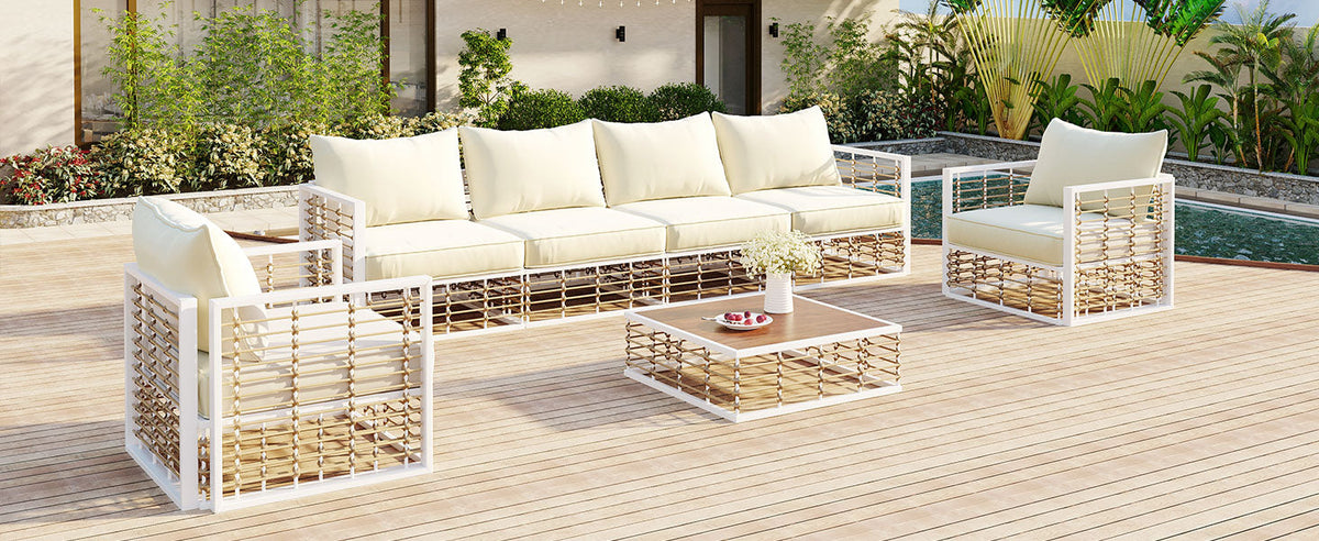 Modern Minimalist 7-Piece Metal Patio Sectional Sofa Set with Cushions - Black
