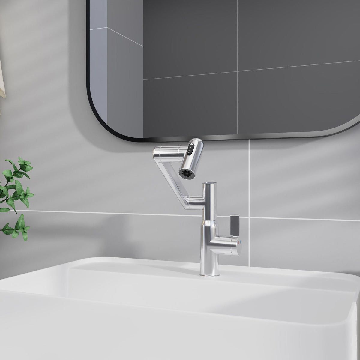 Bathroom Sink Faucet with Spray Function and Temperature Display - Black or Pearl Silver