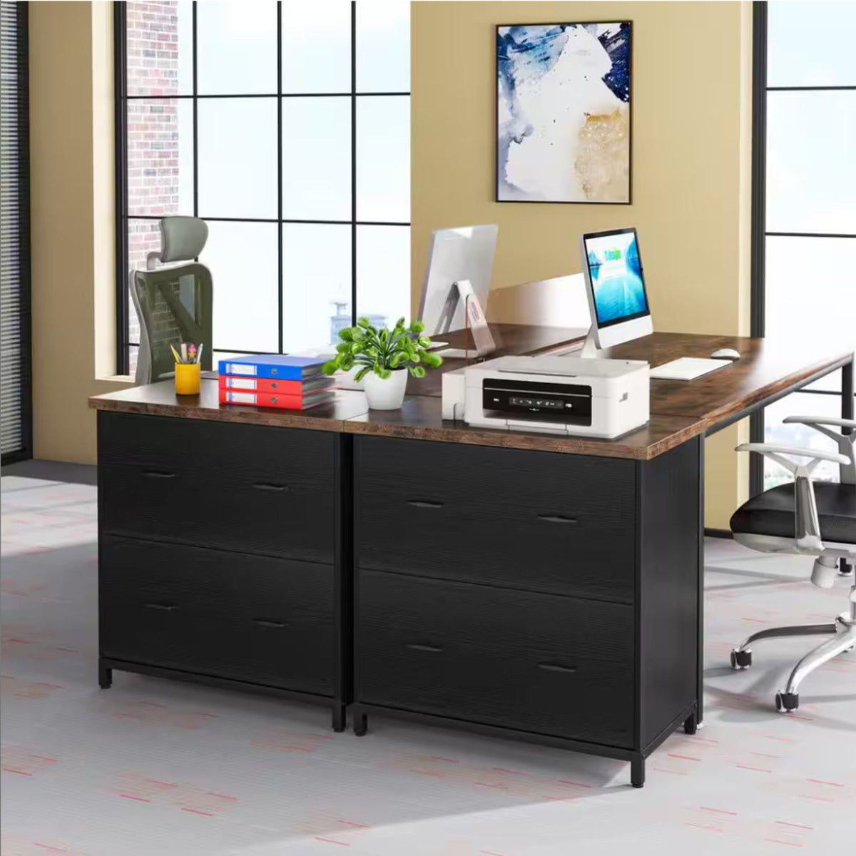 2 Drawer Lateral File Cabinet with Heavy Duty Steel Frame - Brown/Black