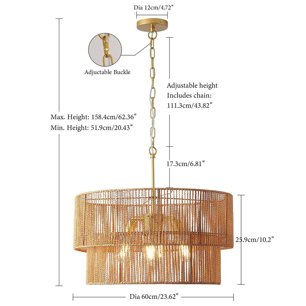 2 Tier Boho Wabi Sabi Chandelier with Handwoven Rattan Shade - Gold