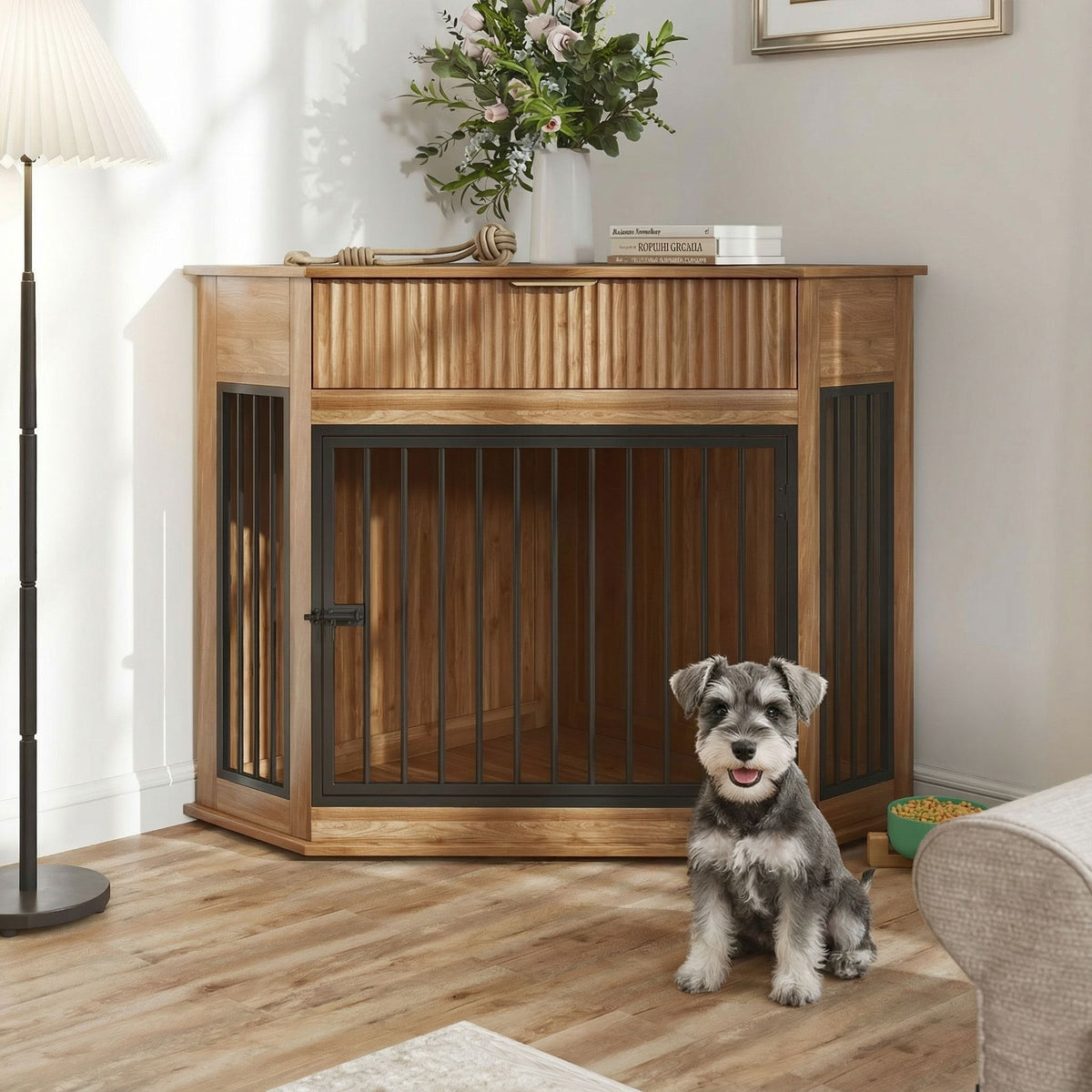 Corner Dog Crate with Fluted Drawer - White or Dark Brown
