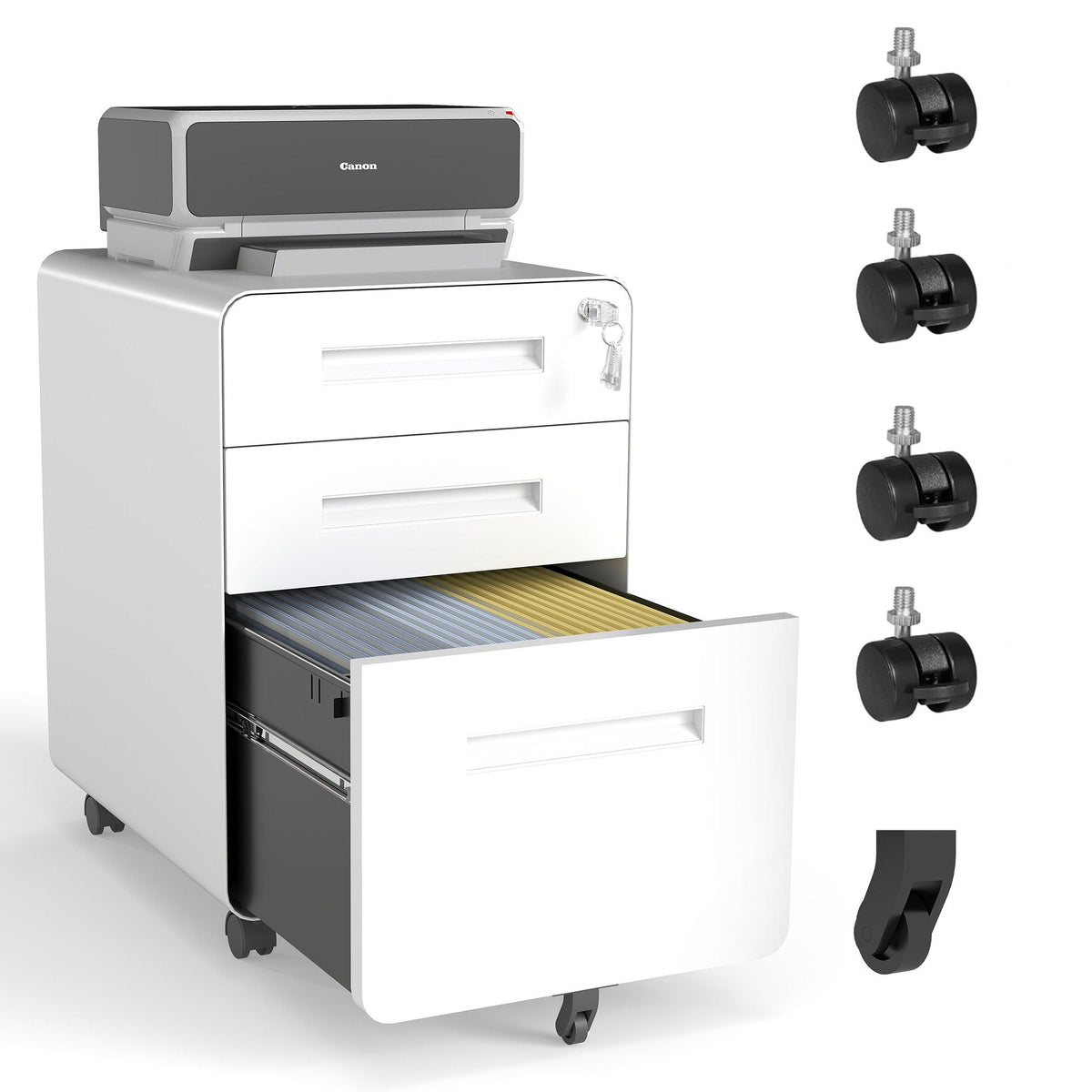 3-Drawer Mobile File Cabinet with Lock and Casters - Black or White