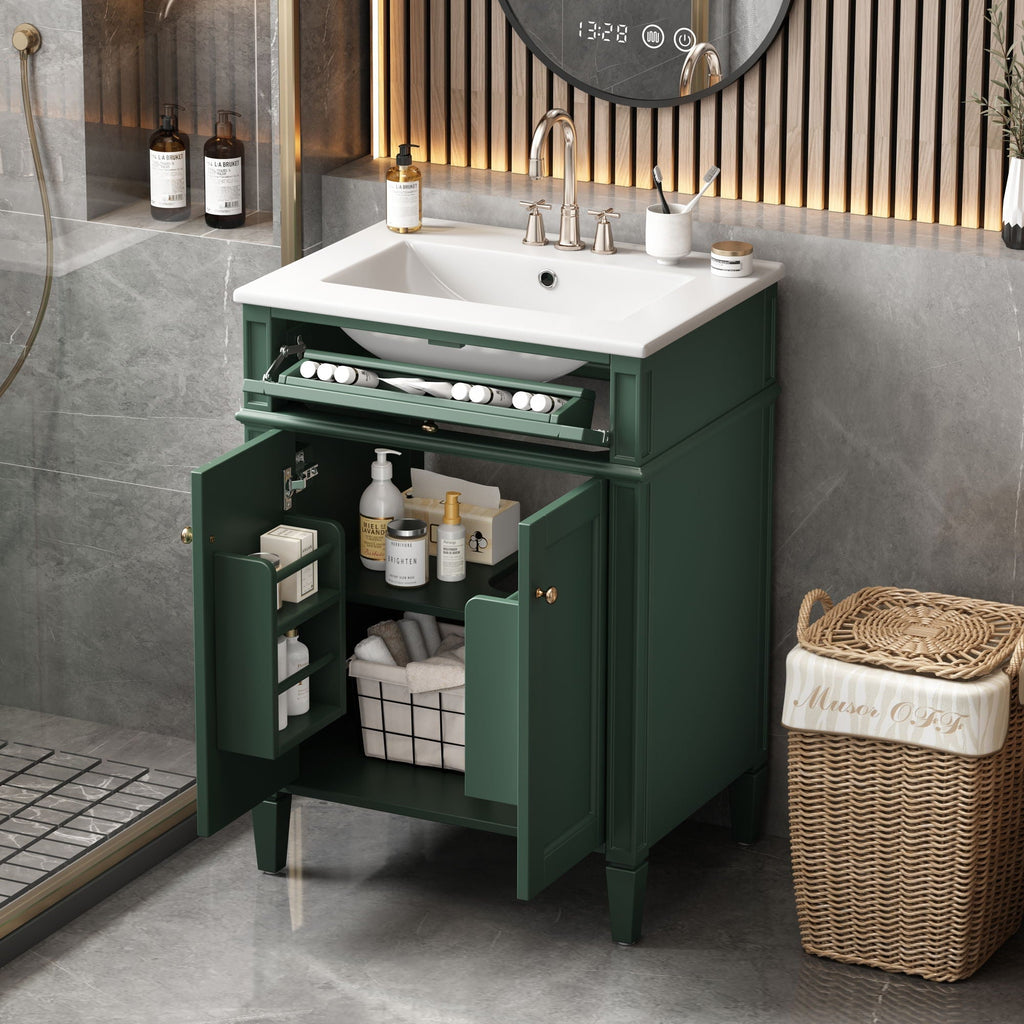 Bathroom Vanity with Solid Wood Frame and Tip Out Drawer - Black, White, Dark Green