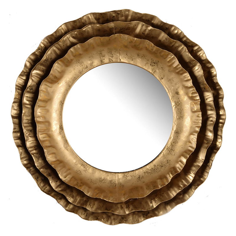 Round Wall Mirror with Metal Frame and Layered Flower Design - Gold