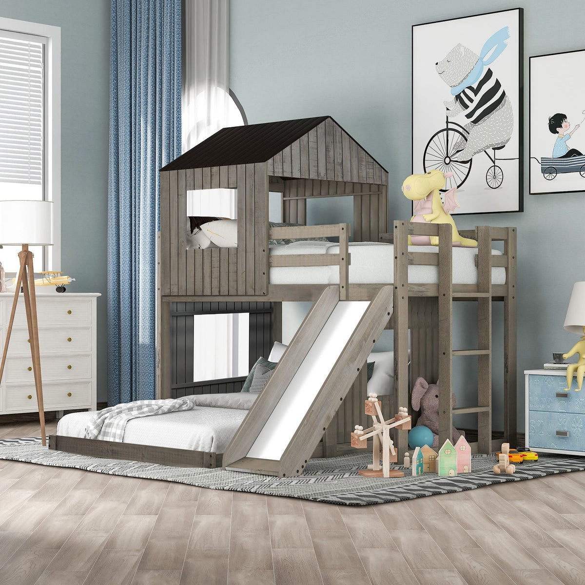 Loft Bunk Bed With Playhouse, Slide, and Guardrails - Twin Over Full