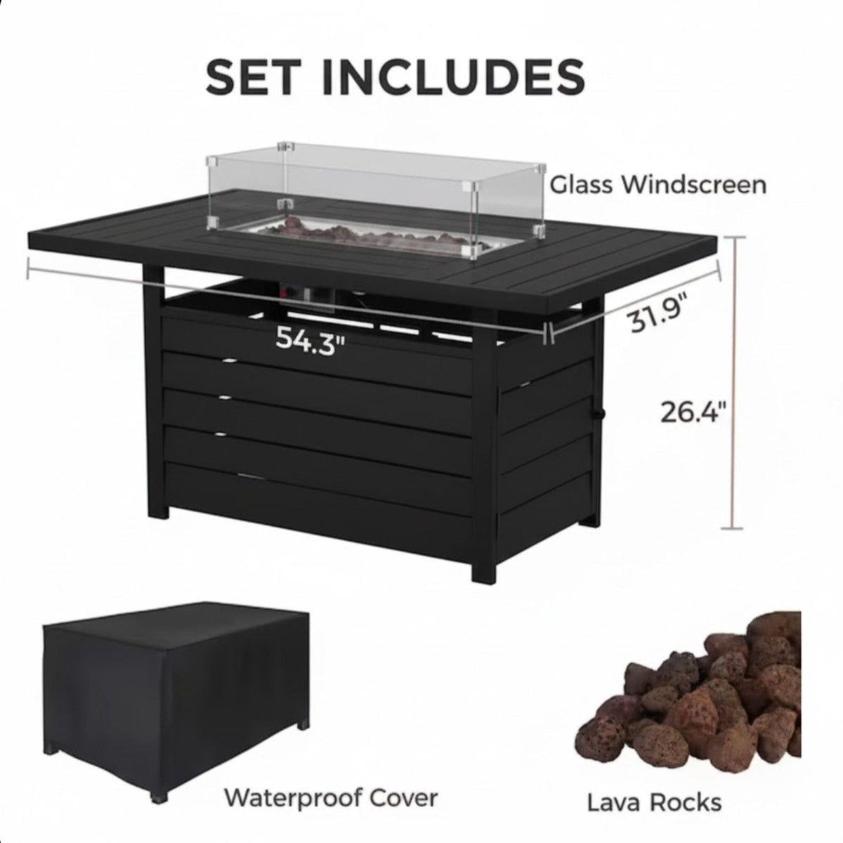 Rectangular Propane Fire Pit Table with Stainless Burner - Black, Dark Gray, White