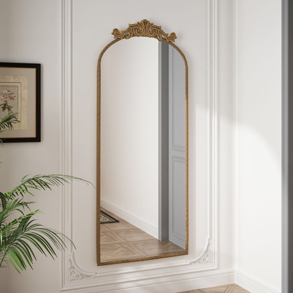 Vintage Arched Full Body Mirror with Carved Applique - Bronze or Pearl Silver