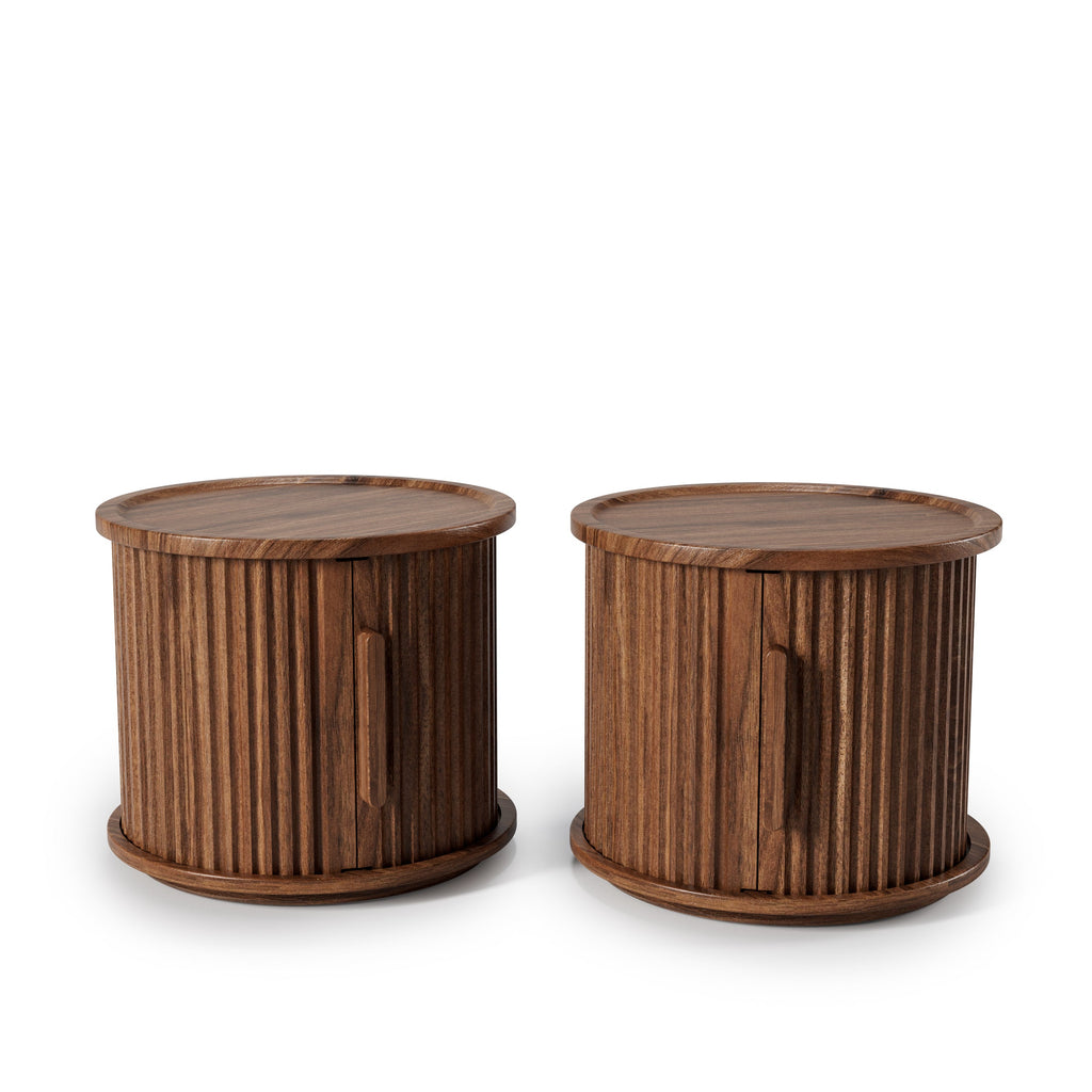 Round Nightstands with Sliding Door Storage - Walnut