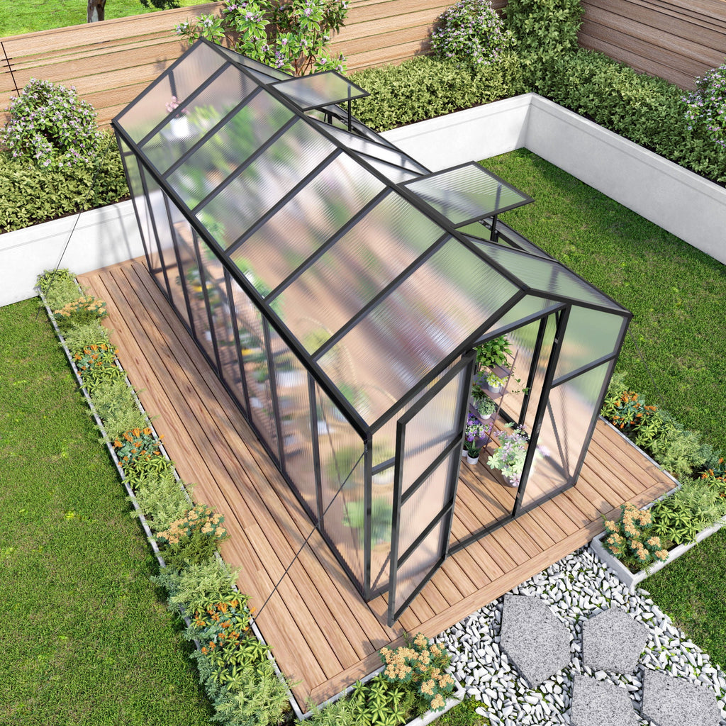 Windproof Greenhouse with Raised Base - Polycarbonate Panels - Black