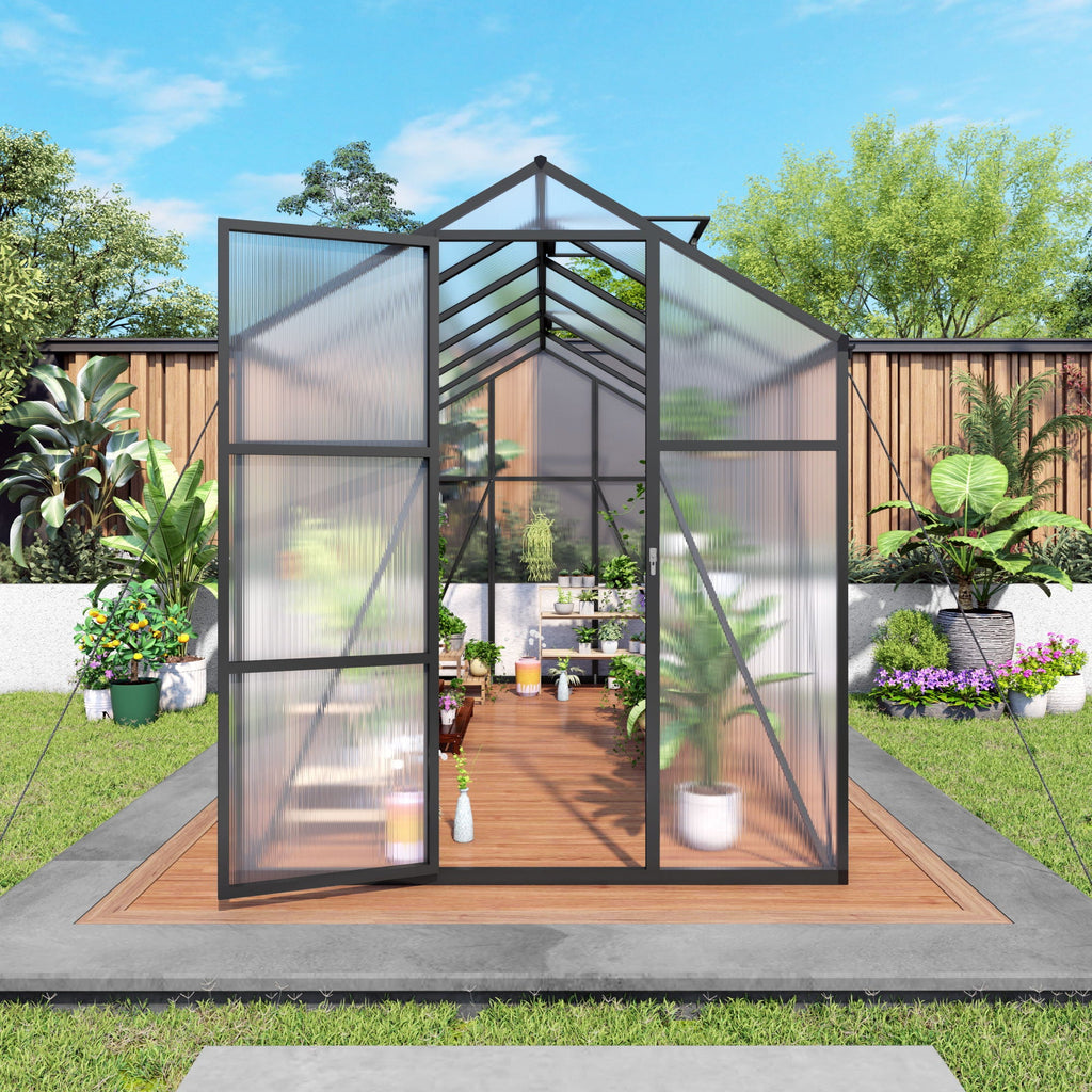 Windproof Greenhouse with Raised Base - Polycarbonate Panels - Black