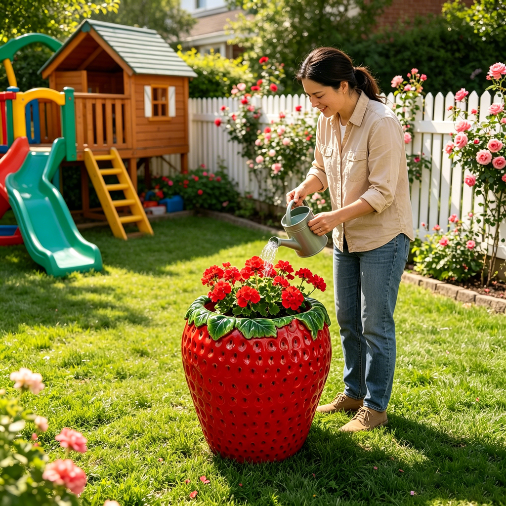 Strawberry Shaped Planter Pot with Weather-Resistant Resin - Red