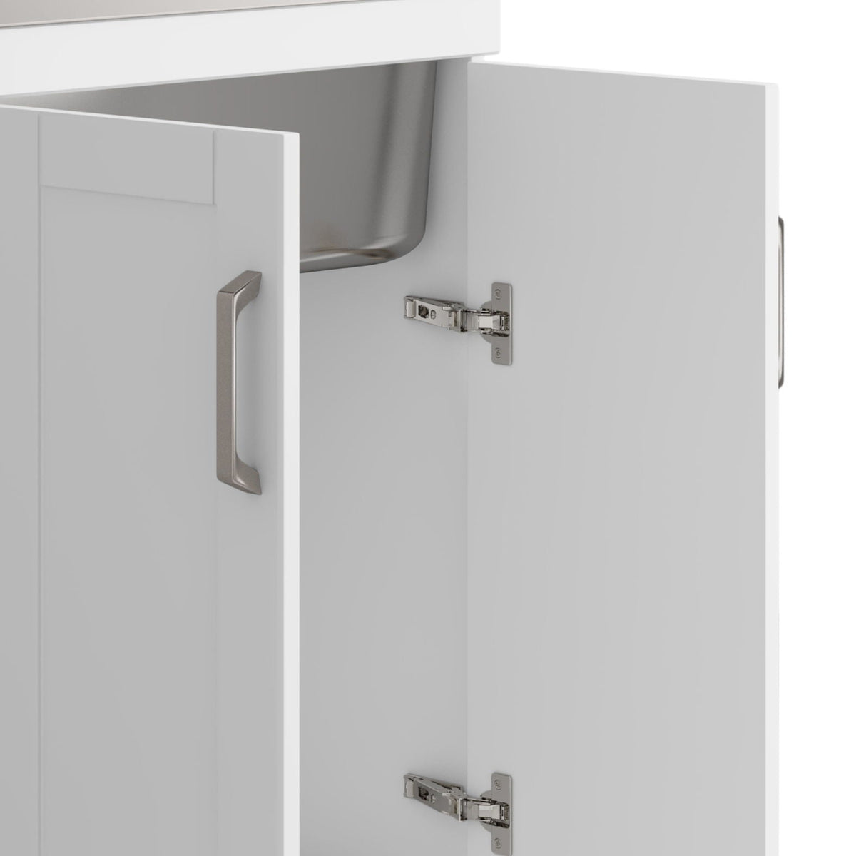White Laundry Cabinet with Stainless Steel Sink and Pull-Out Faucet