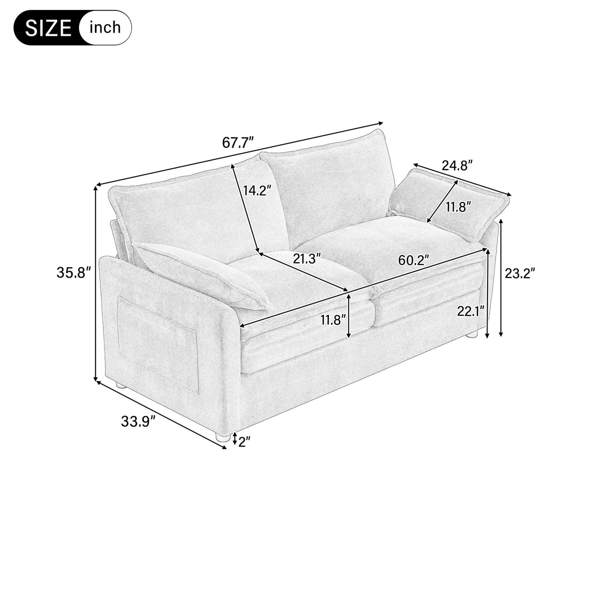 Modern Loveseat Sofa with Side Storage Pockets - Green, Beige, or Dark Gray