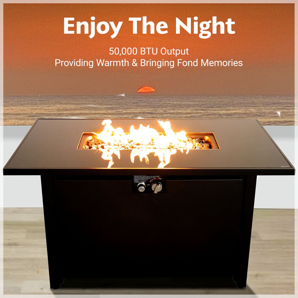 Outdoor Fire Pit Table with Heat Resistant Glass Top - Black