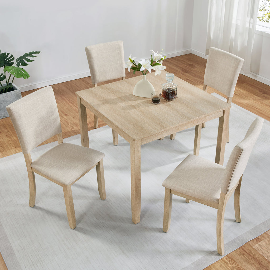 Modern 5-Piece Wooden Dining Table Set with Upholstered Chairs - Light Oak