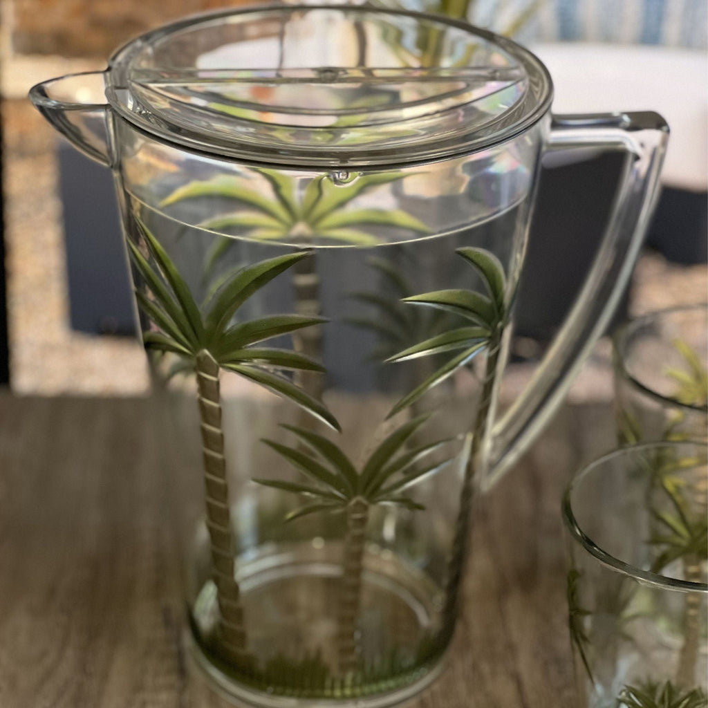 Unbreakable Plastic Water Pitcher with Lid and Palm Tree Design - Clear