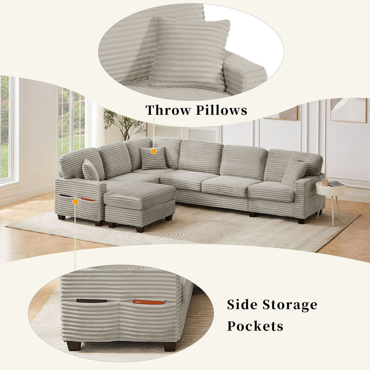 U-Shaped Upholstered Sectional Sofa with Movable Ottoman