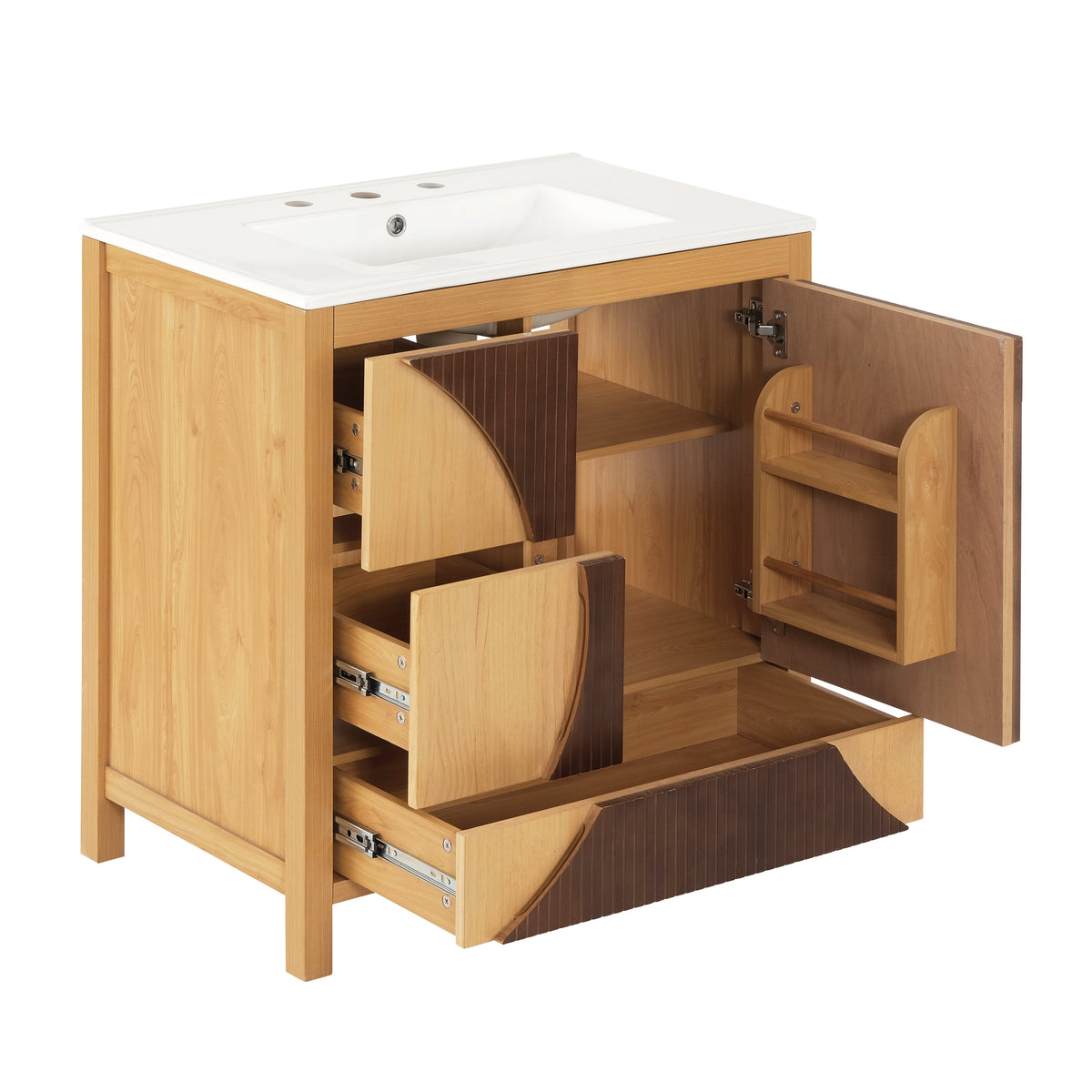 30 Inch Mid-Century Modern Bathroom Vanity with Ceramic Sink - Wood