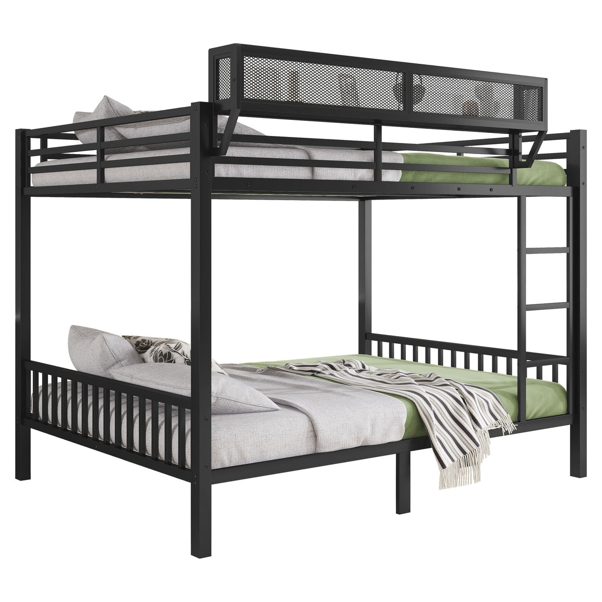 Queen Over Queen Bunk Bed with Storage Shelf and Ladder - Black
