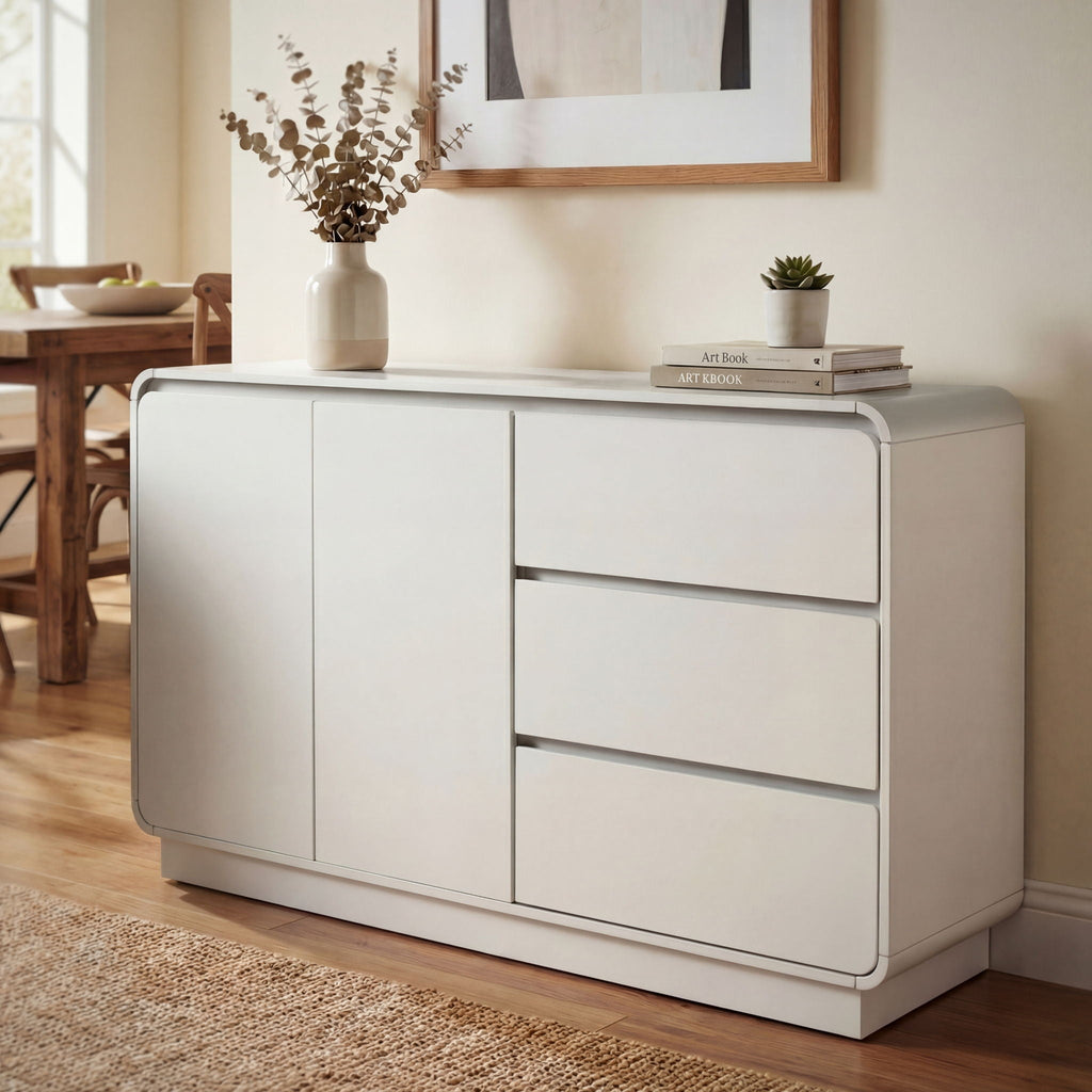 Wide Storage Sideboard with 2 Doors and 3 Drawers - White or Light Brown