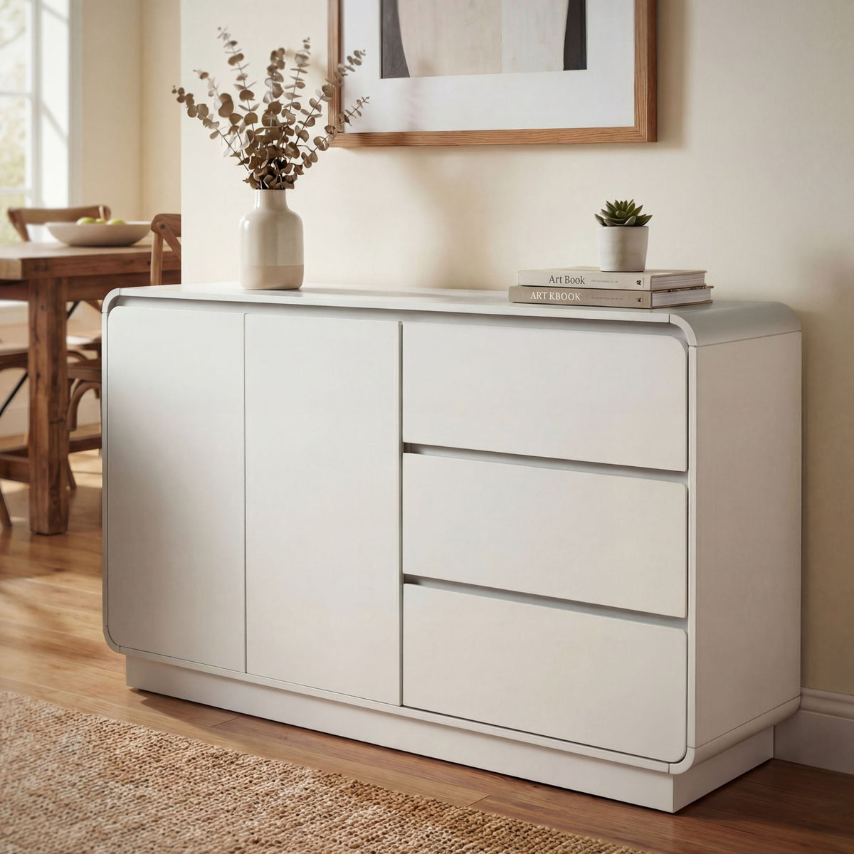 Wide Storage Sideboard with 2 Doors and 3 Drawers - White or Light Brown