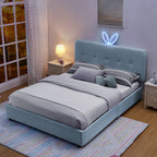 Upholstered Storage Bed with Oversized Rabbit Ear Headboard & LED Lights - Beige or Light Blue