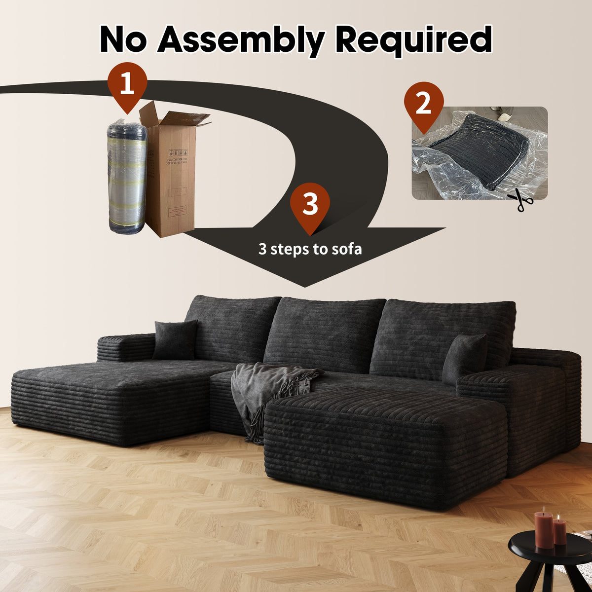 107" Cloud Sectional Sofa with Ottoman with Plush Corduroy - Black or Green