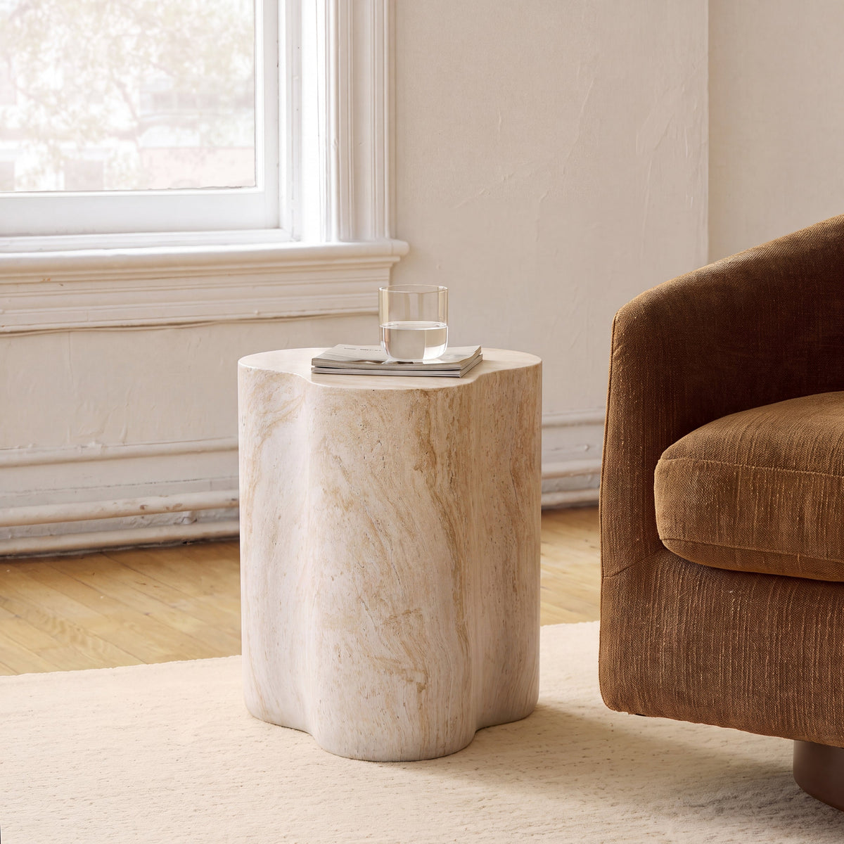 Organic Travertine-Look MGO Side Table with Weather Resistance - Neutral