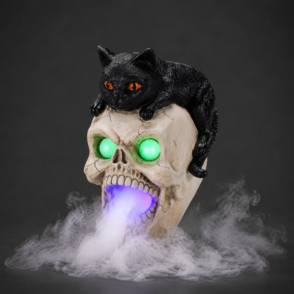 Halloween Cat Skull Statue with Glowing Features - Black White
