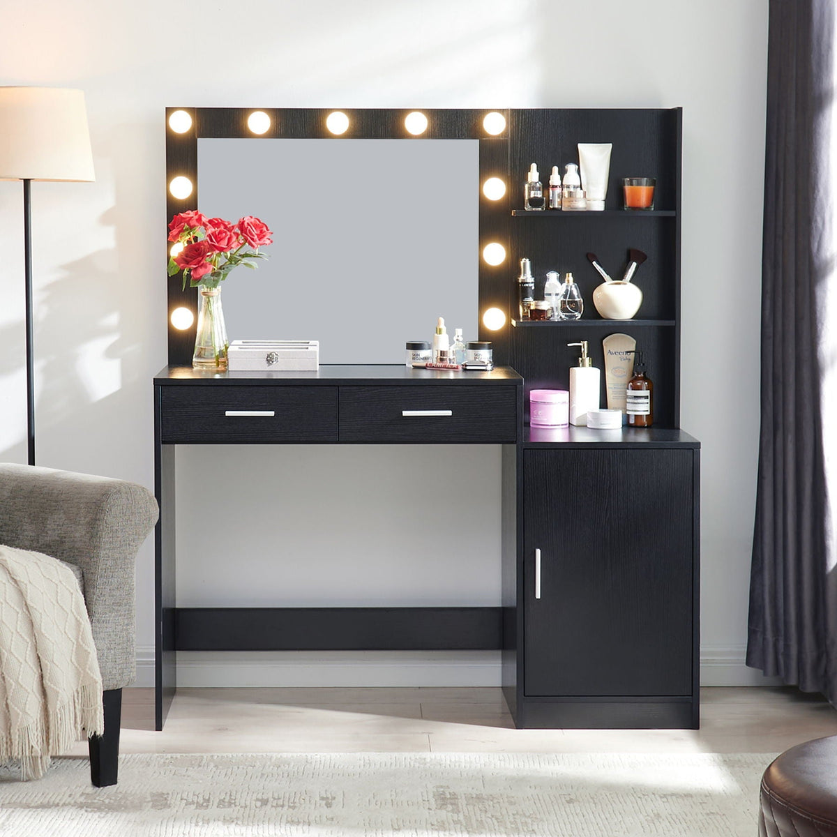 Vanity Desk with Mirror and Adjustable LED Lights - Black or Pink