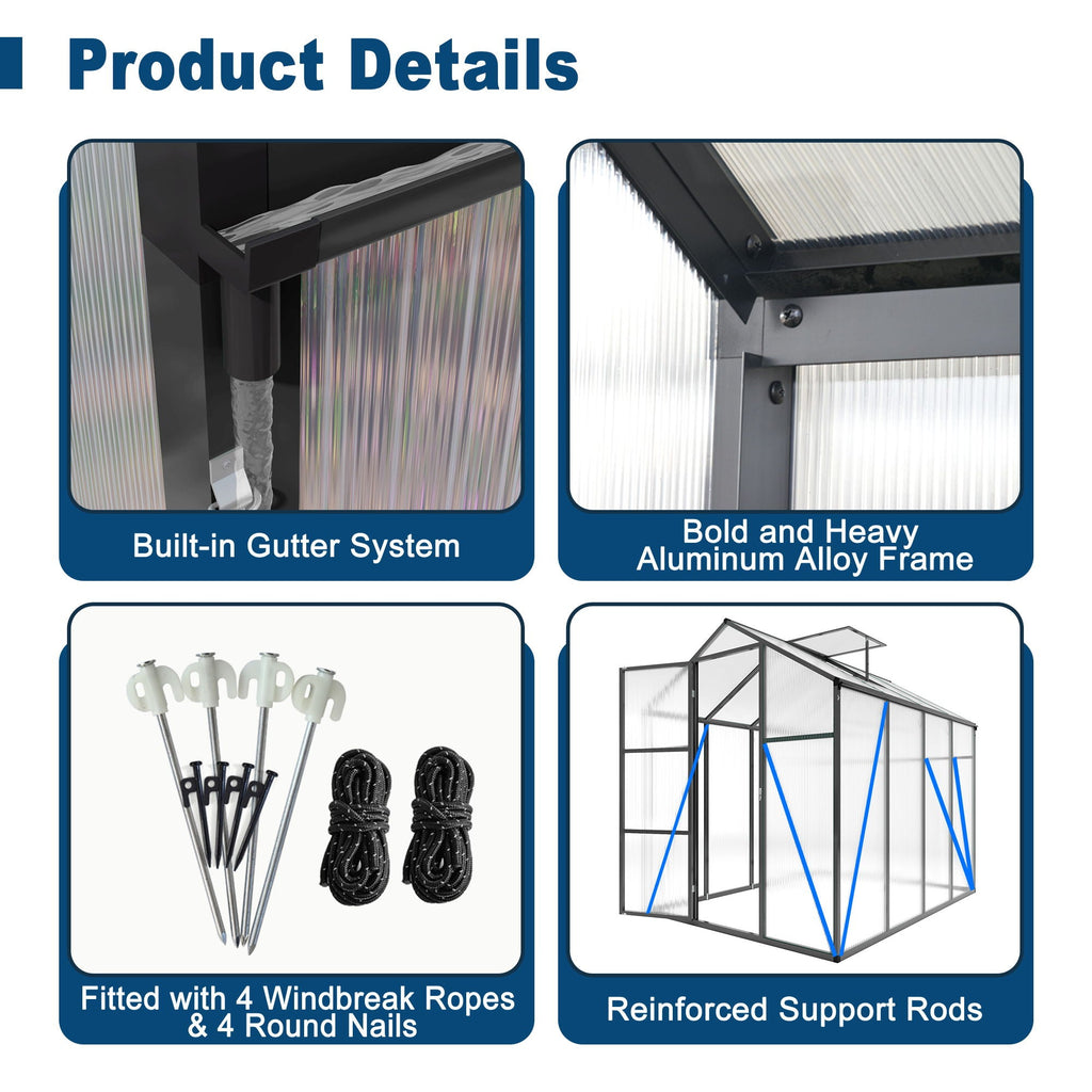 Windproof Greenhouse with Raised Base - Polycarbonate Panels - Black