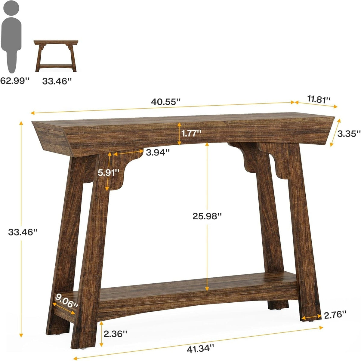 Rustic Brown Console Table with 2-Tier Storage - Wood