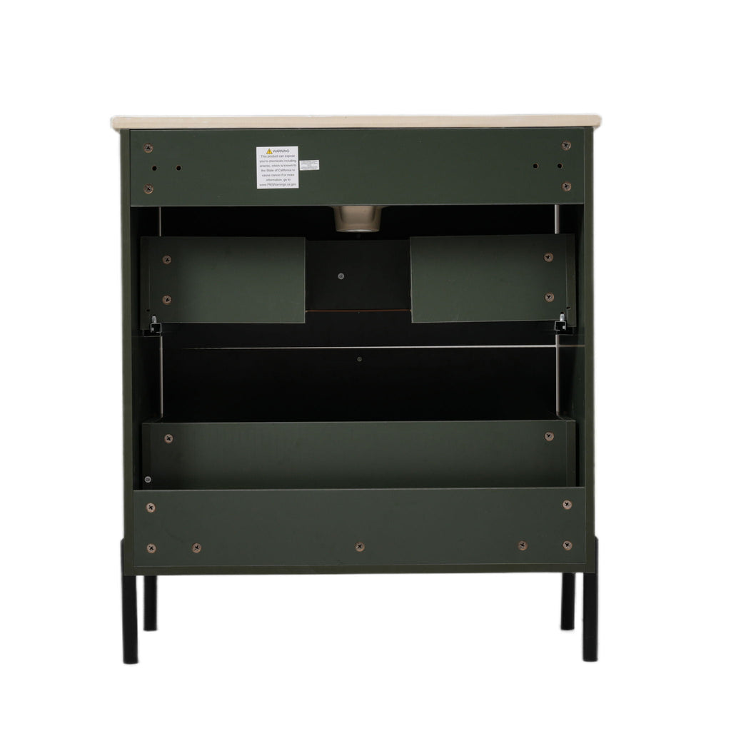 Bathroom Vanity With Ceramic Sink and Fluted Design - Dark Green, White, Light Brown