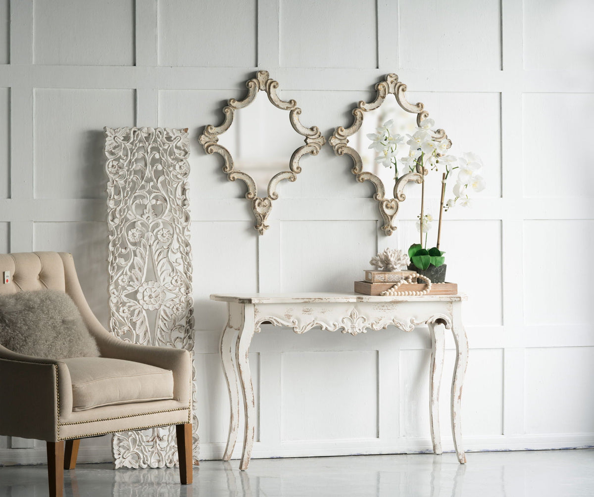 Artistic Diamond Scrollwork Wall Mirror with Fir Wood Frame - Antique White