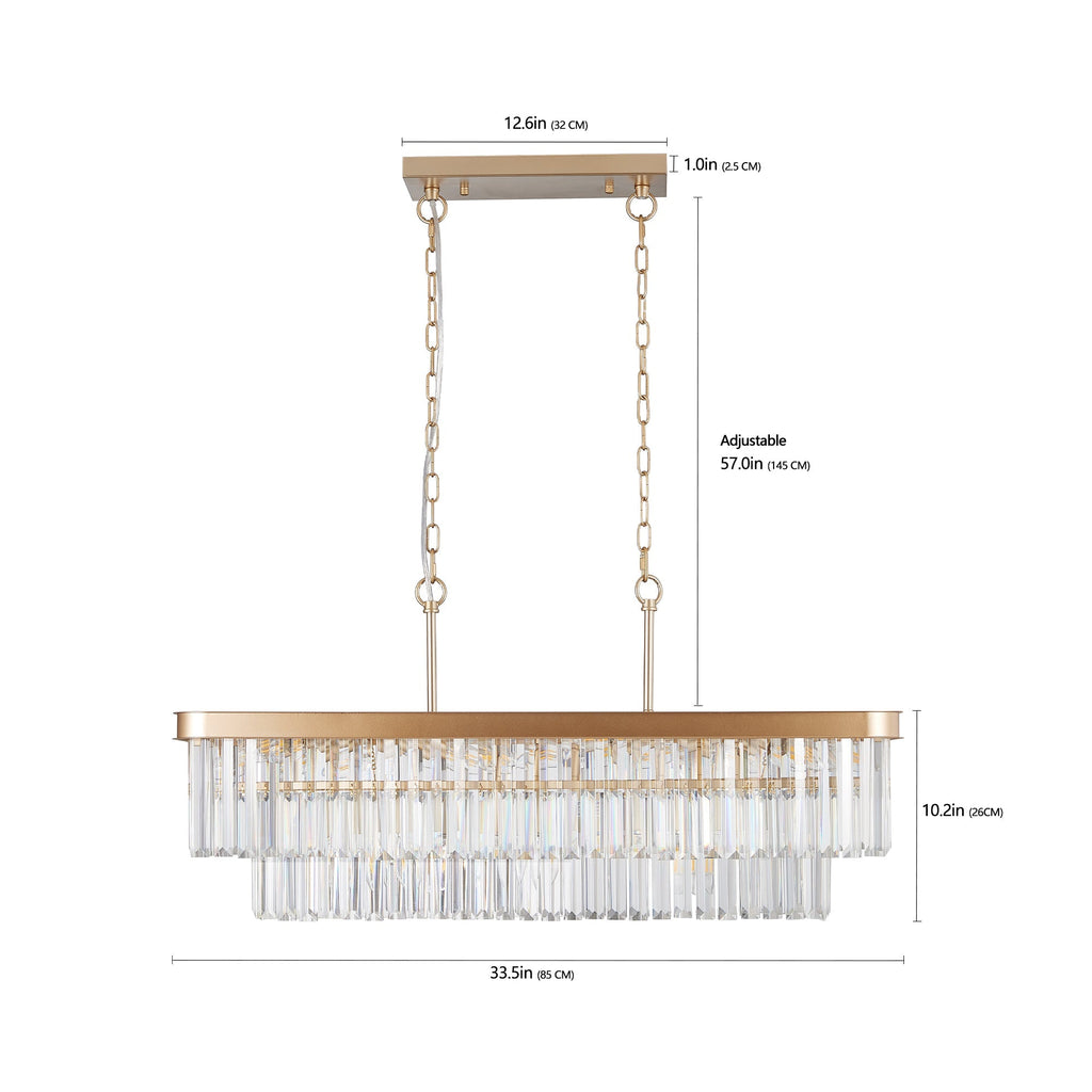 Rectangular Crystal Chandelier with Adjustable Height - Gold