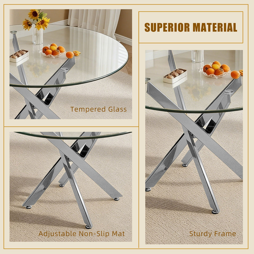 Modern Round Dining Table with Metal Frame - Pearl Silver, Gold, or White