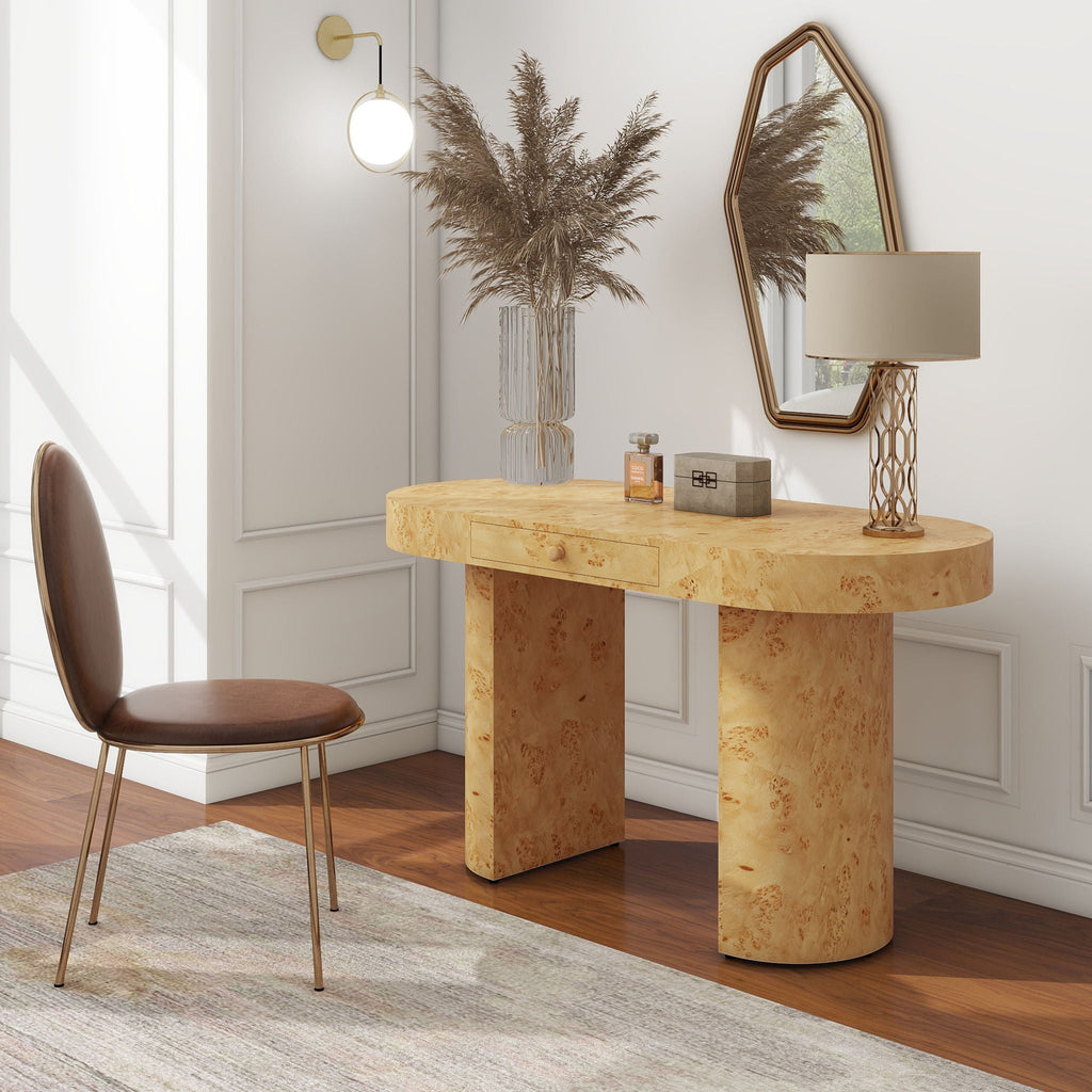 Oval Computer Desk with Single Drawer - Burl Wood Veneer, Light or Dark Brown