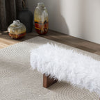 White Khaki Fur Bench with Walnut Frame - Upholstered Bench