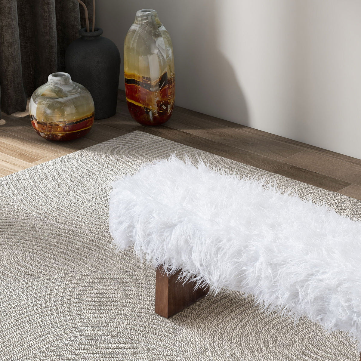 White Khaki Fur Bench with Walnut Frame - Upholstered Bench