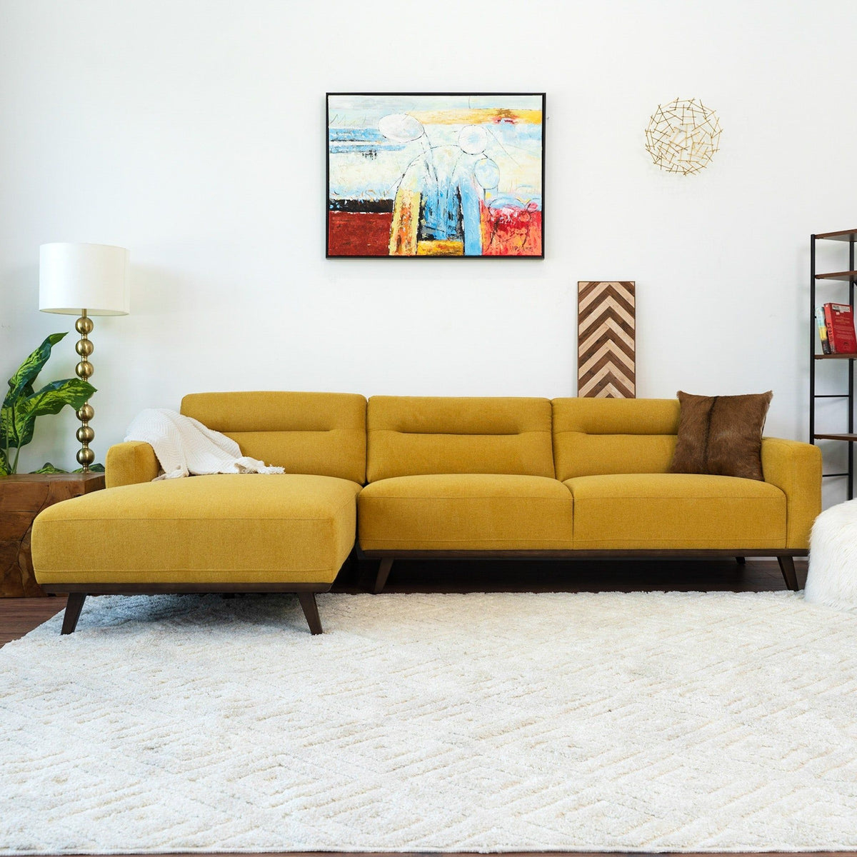 L-Shaped Sectional Couch with Solid Wood Frame and Vegan Upholstery - Yellow or Light Brown