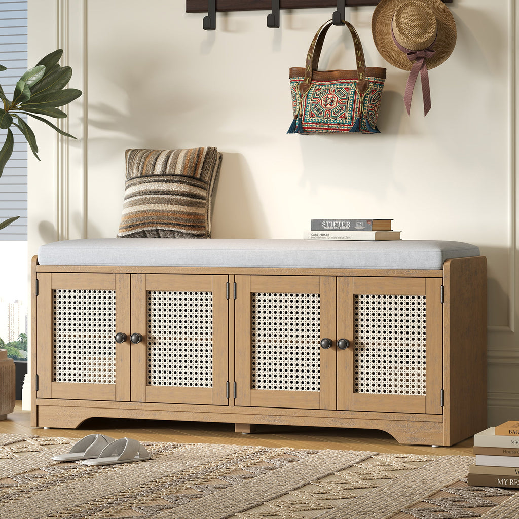 Rustic Storage Bench with Woven Rattan Doors - Natural Wood Finish