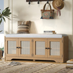 Rustic Storage Bench with Woven Rattan Doors - Natural Wood Finish
