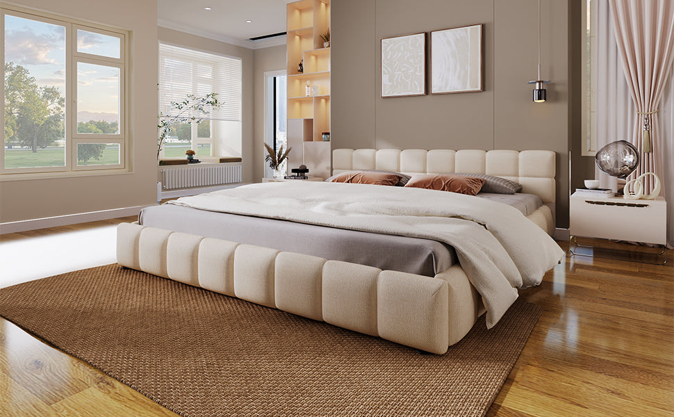 Elegant Chenille Upholstered Bed with Checkerboard Headboard - Beige