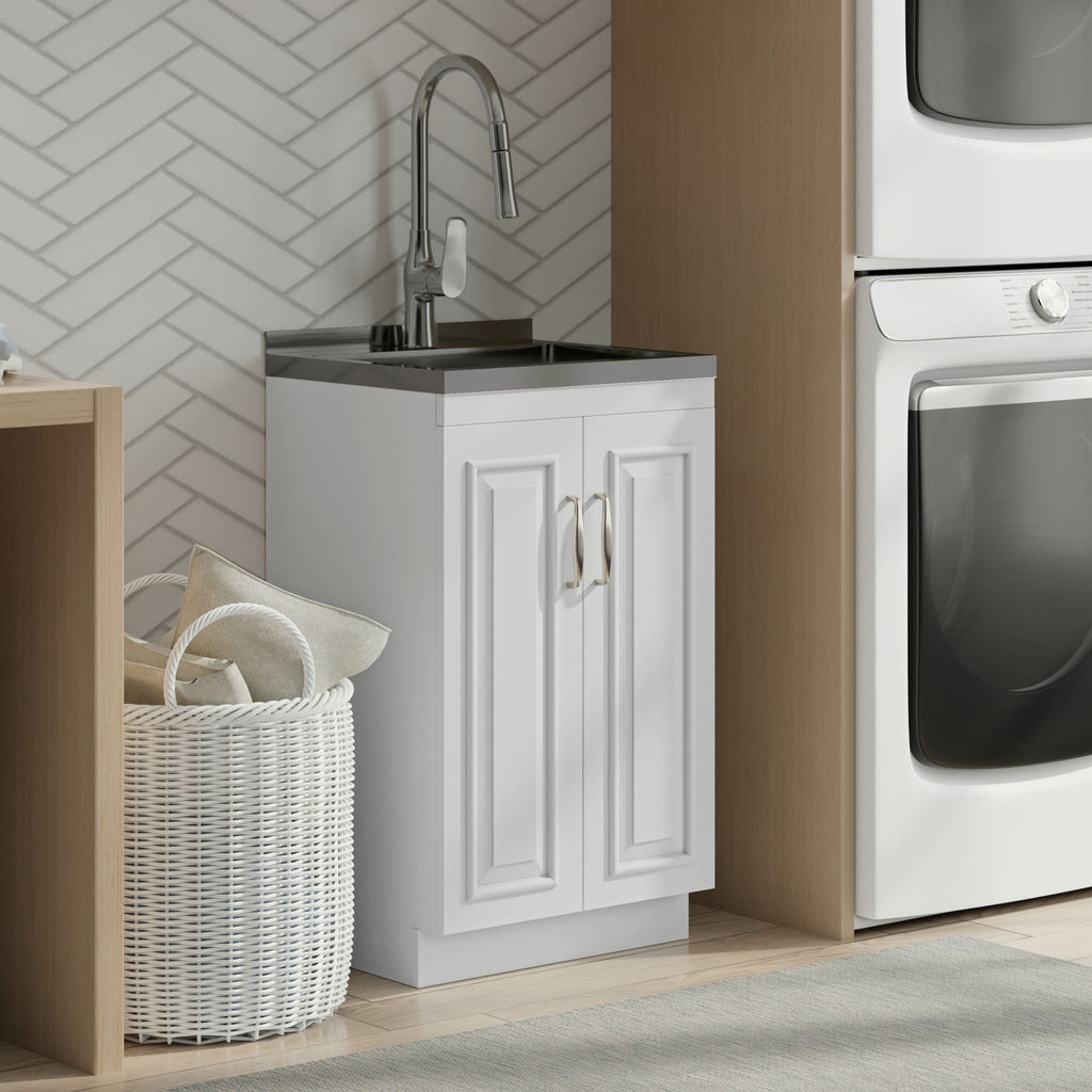 Deluxe Laundry Cabinet with Pull-Out Faucet and Stainless Steel Sink - White