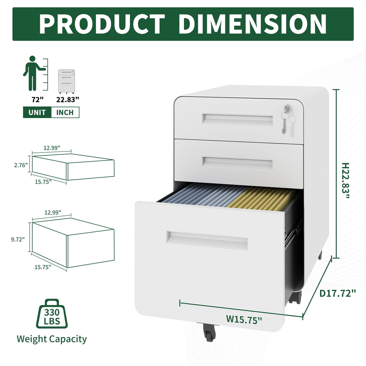 3-Drawer Mobile File Cabinet with Lock and Casters - Black or White