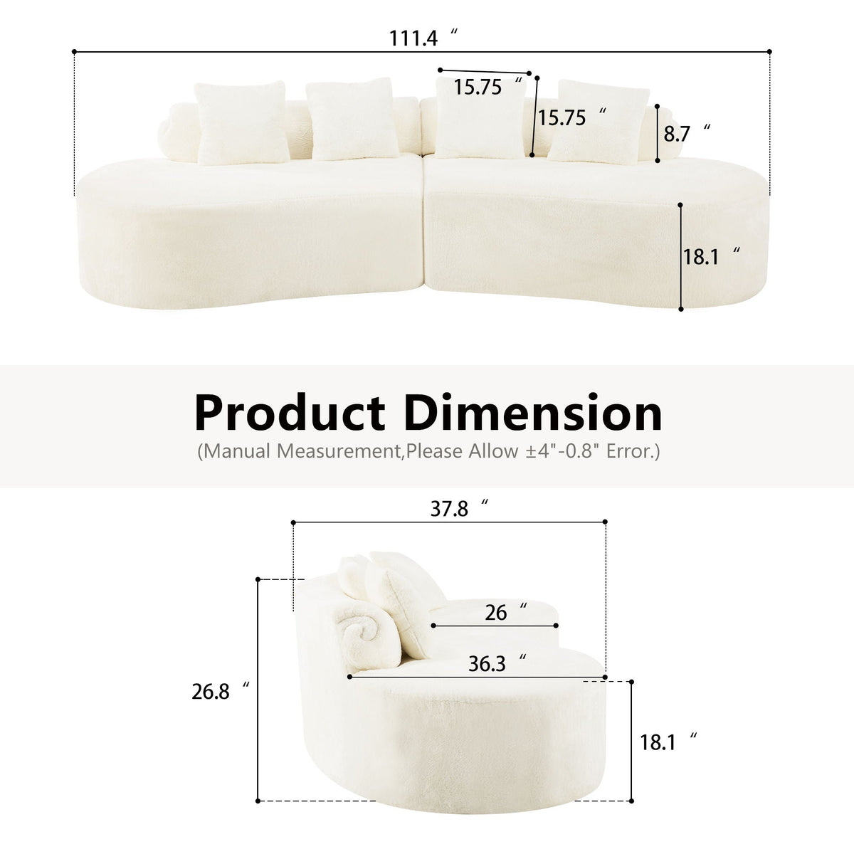 Modern Curved Sofa With Pillows - Fabric Stationary Sofa